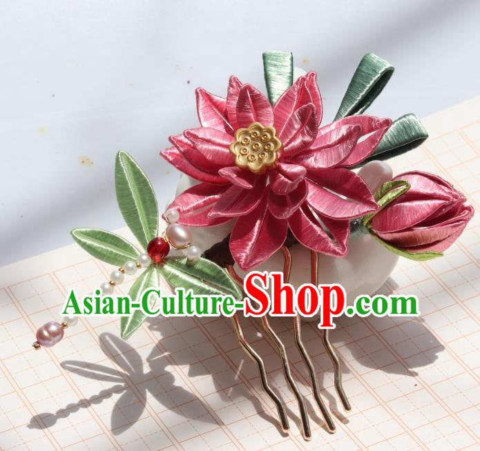 China Ancient Song Dynasty Pearls Dragonfly Hairpin Traditional Hanfu Pink Silk Lotus Hair Comb