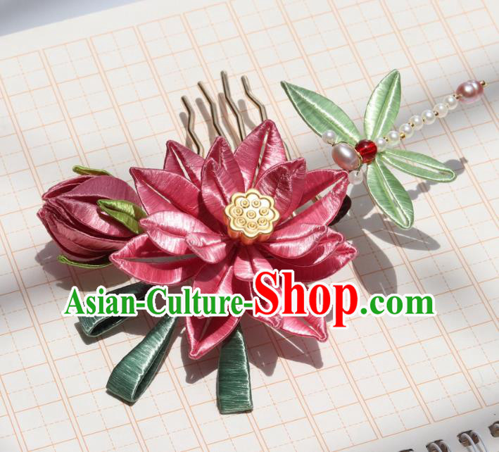 China Ancient Song Dynasty Pearls Dragonfly Hairpin Traditional Hanfu Pink Silk Lotus Hair Comb