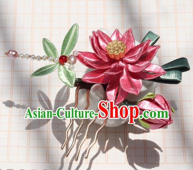 China Ancient Song Dynasty Pearls Dragonfly Hairpin Traditional Hanfu Pink Silk Lotus Hair Comb