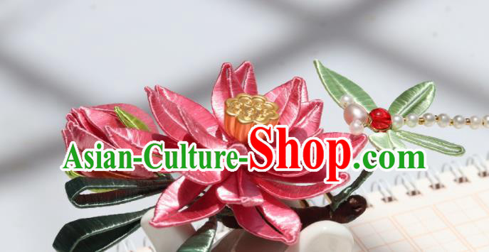 China Ancient Song Dynasty Pearls Dragonfly Hairpin Traditional Hanfu Pink Silk Lotus Hair Comb