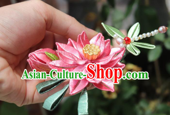 China Ancient Song Dynasty Pearls Dragonfly Hairpin Traditional Hanfu Pink Silk Lotus Hair Comb