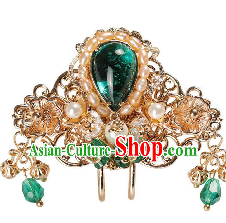 China Traditional Hanfu Pearls Hair Crown Ancient Ming Dynasty Princess Green Crystal Hairpin