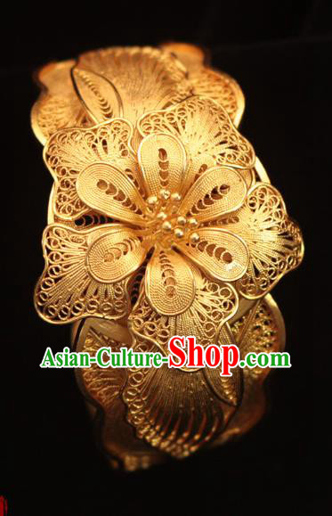 Handmade Chinese Ancient Palace Filigree Peony Bangle Jewelry Traditional Ming Dynasty Golden Bracelet
