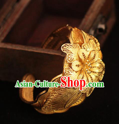 Handmade Chinese Ancient Palace Filigree Peony Bangle Jewelry Traditional Ming Dynasty Golden Bracelet