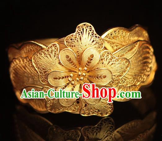 Handmade Chinese Ancient Palace Filigree Peony Bangle Jewelry Traditional Ming Dynasty Golden Bracelet