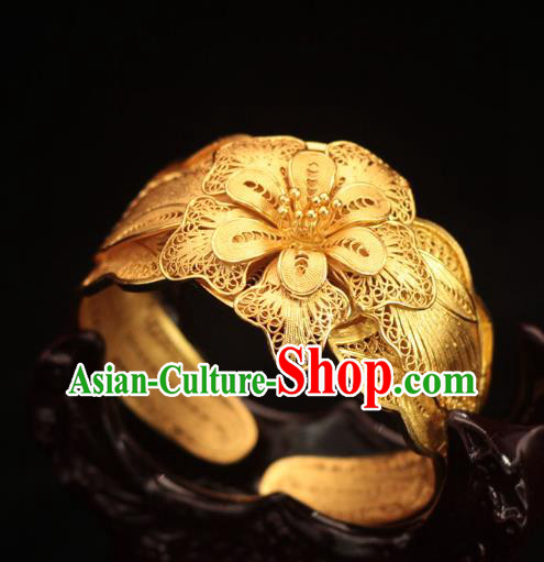Handmade Chinese Ancient Palace Filigree Peony Bangle Jewelry Traditional Ming Dynasty Golden Bracelet