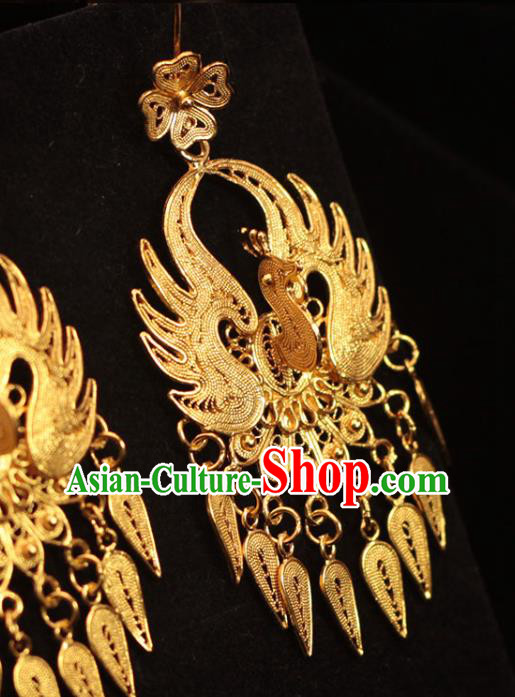 Chinese Traditional Ming Dynasty Golden Phoenix Earrings Ancient Empress Filigree Ear Accessories