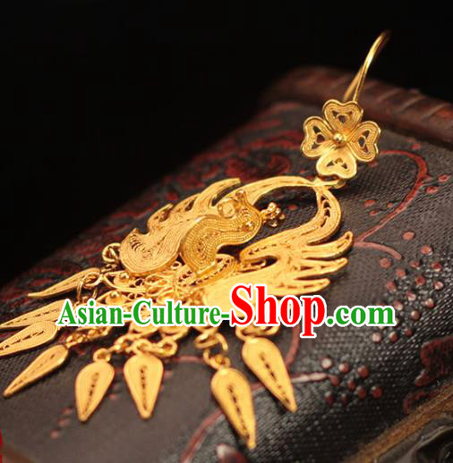 Chinese Traditional Ming Dynasty Golden Phoenix Earrings Ancient Empress Filigree Ear Accessories