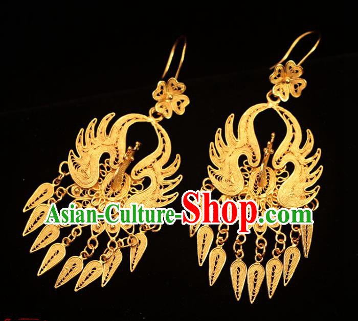 Chinese Traditional Ming Dynasty Golden Phoenix Earrings Ancient Empress Filigree Ear Accessories