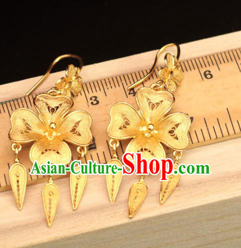 Chinese Ancient Empress Filigree Ear Accessories Traditional Ming Dynasty Golden Flower Earrings