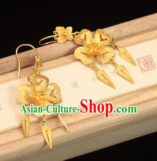 Chinese Ancient Empress Filigree Ear Accessories Traditional Ming Dynasty Golden Flower Earrings