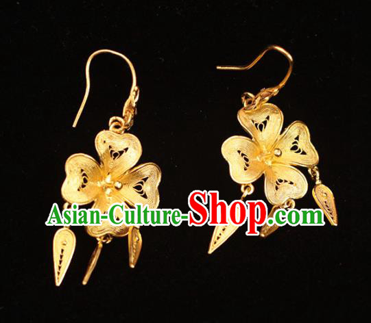 Chinese Ancient Empress Filigree Ear Accessories Traditional Ming Dynasty Golden Flower Earrings