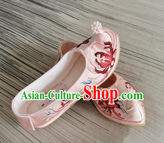 Handmade Chinese Bow Shoes Embroidered Shoes Traditional Ming Dynasty Shoes Pink Satin Shoes