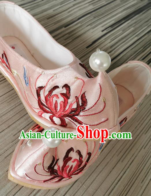 Handmade Chinese Bow Shoes Embroidered Shoes Traditional Ming Dynasty Shoes Pink Satin Shoes
