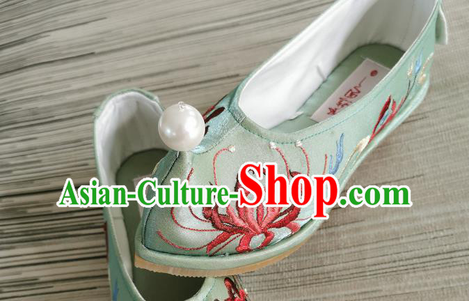 Handmade Chinese Embroidered Green Shoes Traditional Ming Dynasty Hanfu Shoes Satin Shoes Bow Shoes