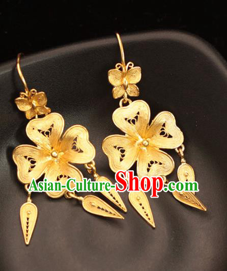 Chinese Ancient Empress Filigree Ear Accessories Traditional Ming Dynasty Golden Flower Earrings