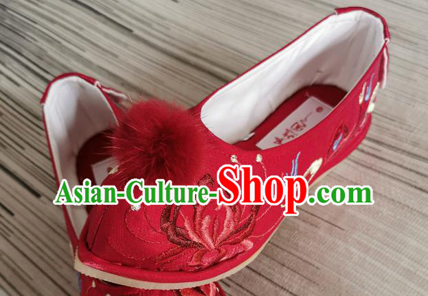 Handmade Chinese Wedding Embroidered Shoes Traditional Ming Dynasty Hanfu Shoes Red Satin Shoes