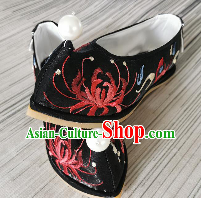 Handmade Chinese Satin Shoes Black Embroidered Shoes Traditional Ming Dynasty Hanfu Shoes