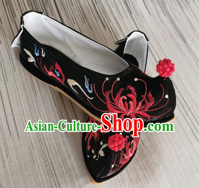 Handmade Chinese Satin Shoes Black Embroidered Shoes Traditional Ming Dynasty Hanfu Shoes