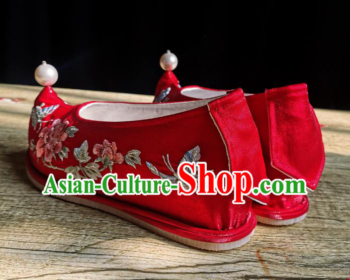Handmade Chinese Wedding Shoes Traditional Red Cloth Shoes Bow Shoes Embroidered Peony Shoes