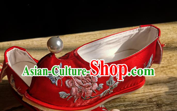 Handmade Chinese Wedding Shoes Traditional Red Cloth Shoes Bow Shoes Embroidered Peony Shoes