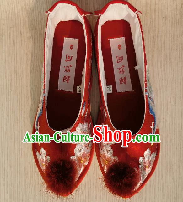 Handmade Chinese Traditional Wedding Hanfu Shoes Embroidered Phoenix Peony Shoes Red Satin Bow Shoes