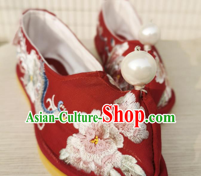 Handmade Chinese Traditional Wedding Hanfu Shoes Embroidered Phoenix Peony Shoes Red Satin Bow Shoes
