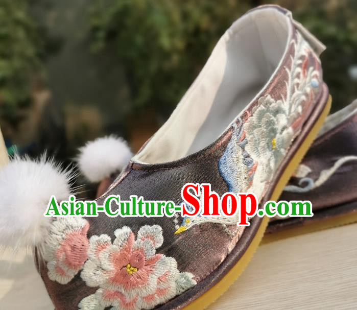 Handmade Chinese Embroidered Phoenix Peony Shoes Brown Satin Bow Shoes Traditional Wedding Hanfu Shoes