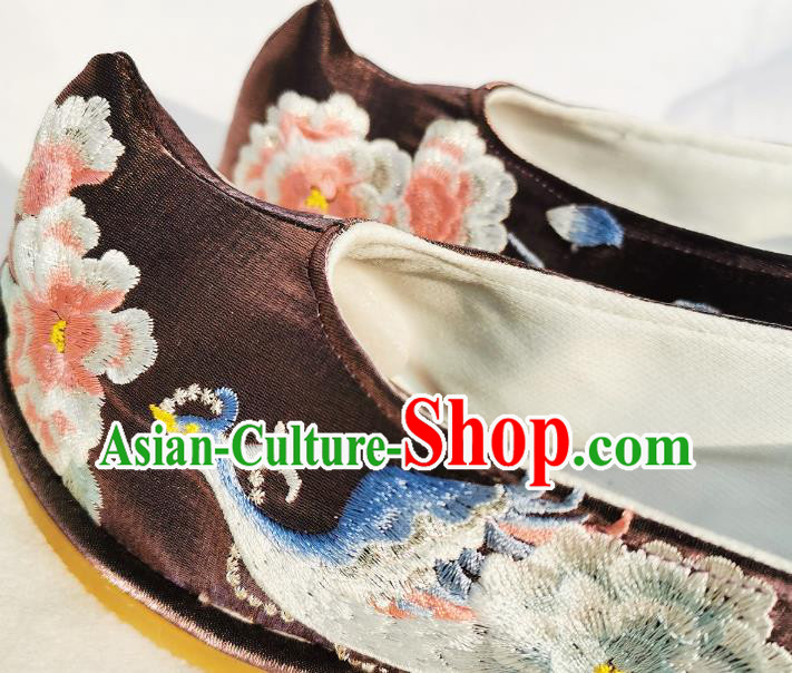 Handmade Chinese Embroidered Phoenix Peony Shoes Brown Satin Bow Shoes Traditional Wedding Hanfu Shoes