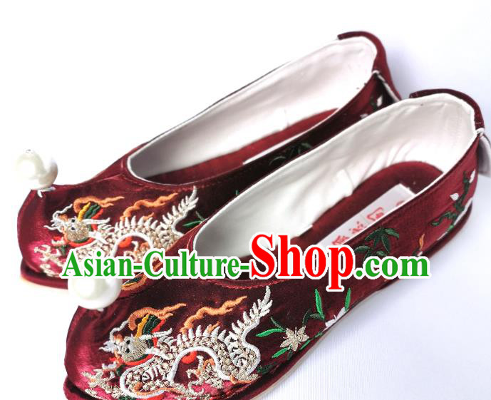 Handmade Chinese Traditional Hanfu Shoes Embroidered Dragon Shoes Wine Red Satin Bow Shoes