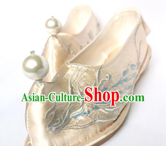 Handmade Chinese Embroidered Phoenix Shoes Light Golden Satin Bow Shoes Traditional Hanfu Shoes