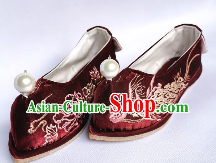 Handmade Chinese Wine Red Satin Bow Shoes Traditional Hanfu Shoes Embroidered Phoenix Shoes