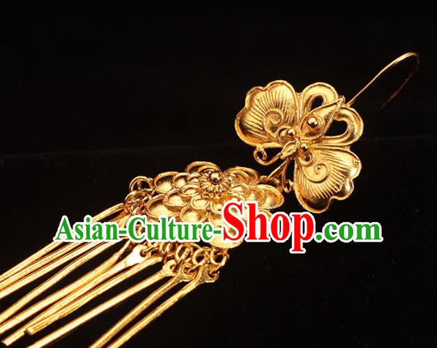 Chinese Ancient Court Woman Ear Accessories Traditional Ming Dynasty Golden Peony Butterfly Earrings