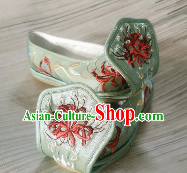 Handmade Chinese Princess Shoes Bow Shoes Embroidered Shoes Traditional Han Dynasty Green Satin Shoes