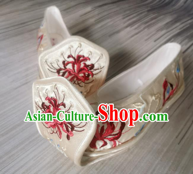 Handmade Chinese Traditional Han Dynasty Champagne Satin Shoes Princess Shoes Bow Shoes Embroidered Shoes
