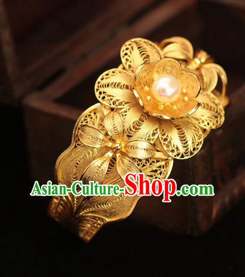 Handmade Chinese Ancient Palace Golden Bangle Jewelry Traditional Ming Dynasty Court Pearl Bracelet