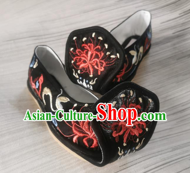 Handmade Chinese Bow Shoes Embroidered Shoes Traditional Han Dynasty Black Satin Shoes Princess Shoes