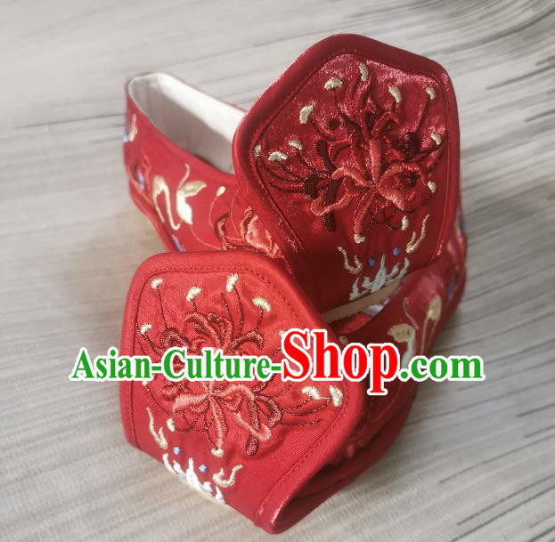 Handmade Chinese Embroidered Shoes Traditional Han Dynasty Red Satin Shoes Princess Shoes Bow Shoes