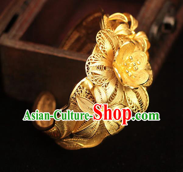 Handmade Chinese Ancient Queen Bangle Jewelry Traditional Ming Dynasty Court Golden Plum Bracelet