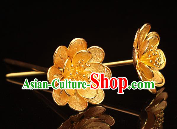 China Ming Dynasty Flowers Hairpin Traditional Hair Accessories Ancient Empress Golden Hair Stick