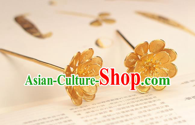 China Ming Dynasty Flowers Hairpin Traditional Hair Accessories Ancient Empress Golden Hair Stick