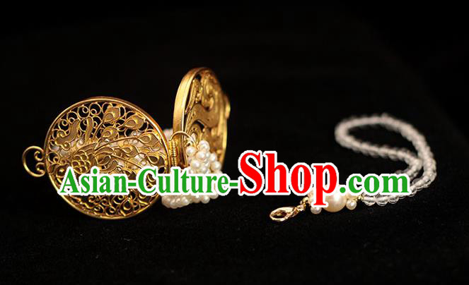 China Classical Pearls Tassel Brooch Pendant Traditional Cheongsam Golden Sachet Accessories