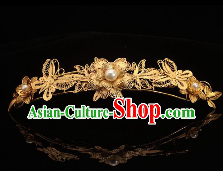 China Qing Dynasty Princess Golden Hairpin Traditional Hair Accessories Ancient Palace Lady Pearls Hair Crown