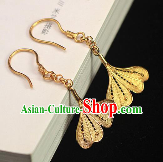 Chinese Ancient Princess Ear Accessories Traditional Ming Dynasty Golden Ginkgo Leaf Earrings