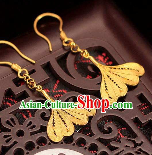 Chinese Ancient Princess Ear Accessories Traditional Ming Dynasty Golden Ginkgo Leaf Earrings