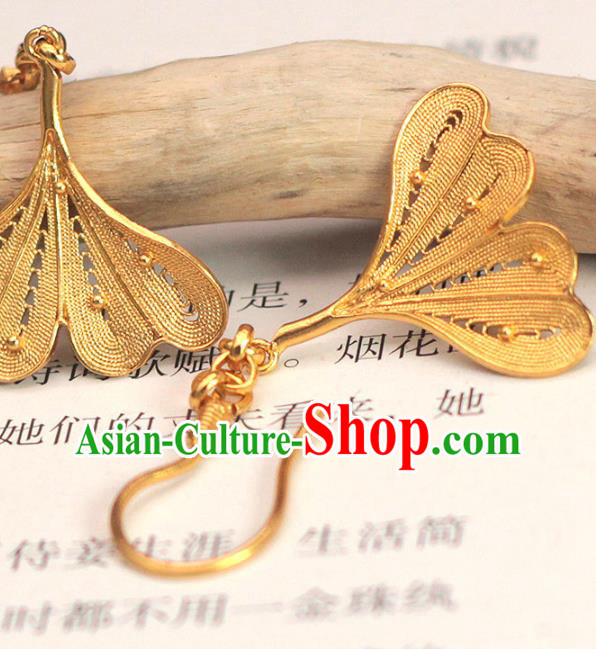 Chinese Ancient Princess Ear Accessories Traditional Ming Dynasty Golden Ginkgo Leaf Earrings