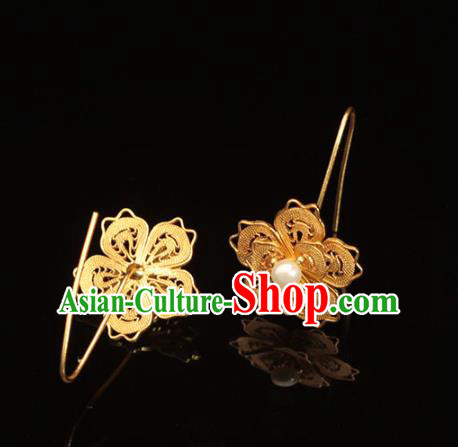 Chinese Ancient Princess Pearl Ear Accessories Traditional Ming Dynasty Golden Plum Blossom Earrings