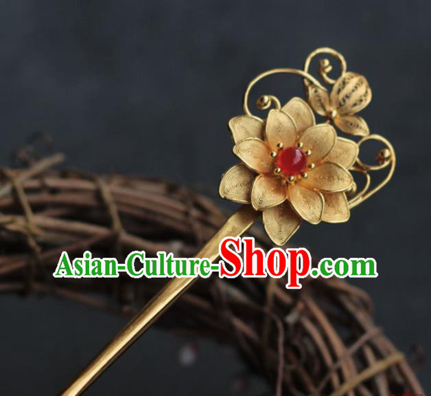 China Ming Dynasty Golden Lotus Hairpin Traditional Hair Accessories Ancient Princess Hair Stick