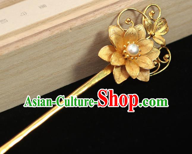 China Traditional Hair Accessories Ancient Princess Hair Stick Ming Dynasty Golden Lotus Hairpin