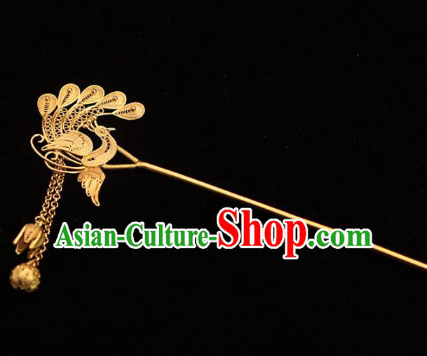 China Ancient Princess Hair Stick Ming Dynasty Golden Phoenix Hairpin Traditional Filigree Hair Accessories